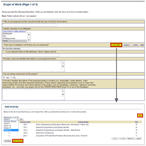 Screenshot of eGrants Scope of Work section. Details information about the mitigation activities proposed in your subgrant application. See Appendix for alt text description.