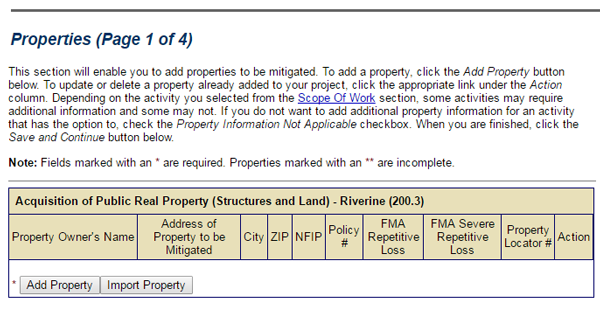 Screenshot of eGrants Properties section. This is where you add information about the properties that will be affected by your project. See Appendix for alt text description.