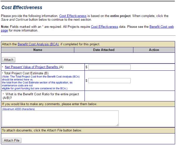 Screenshot eGrants Cost Effectiveness section. This section documents the cost-benefit analysis and the estimated total cost of mitigation projects or plans. See Appendix for alt text description.