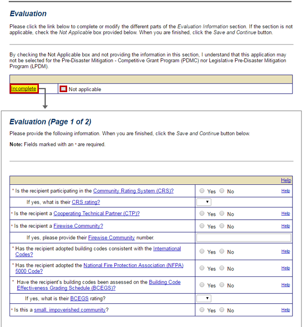 eGrants Evaluation section. Pre-Disaster Mitigation Subapplicants must provide details on their projects and planning for the National Ranking and Evaluation process. See Appendix for full text.