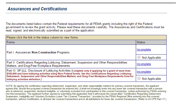 Screenshot of eGrants Assurances and Certifications section. The Assurances and Certifications section provides documents listing Federal requirements for FEMA grants.  See Appendix for alt text description.