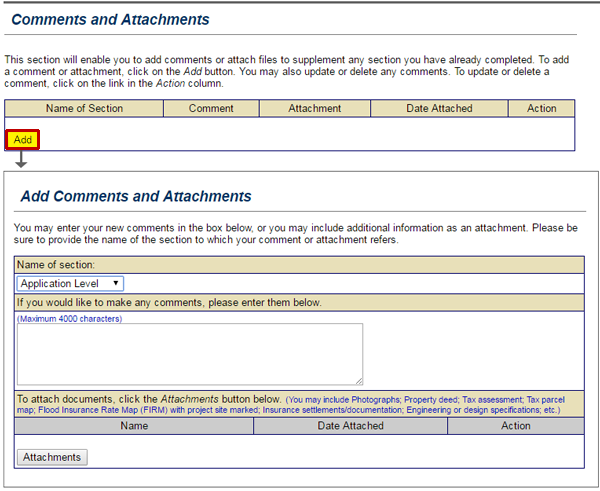 Screenshot of eGrants Comments and Attachments section.