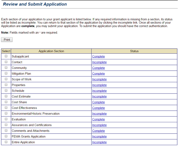 Screenshot of eGrants Review and Submit Application section. Displays the completion status of subgrant application sections. See Appendix for alt text description.