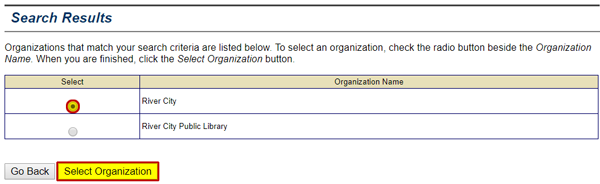 A list of organizations that match your search criteria are displayed on the Search Results screen. See Appendix for alt text description.