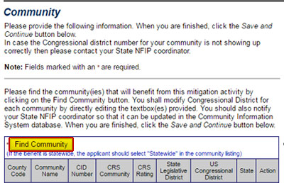 Select the Find Community button on the Community section screen to search for a name to complete the subgrant application.