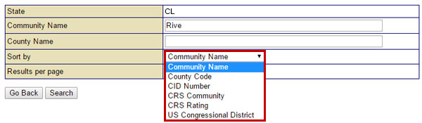 When completing the Community section, the results of a Find Community search can be sorted by several filters. The example shows Community Name selected. See Appendix for alt text description.