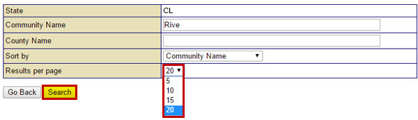 A Results per Page drop down menu allows you to view 5, 10, 15, or 20 listings per page of the results of your Find Community search.