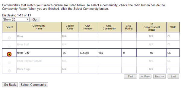 Use the radio button to the left of the desired community name to populate data fields in the Community section of a eGrants subgrant application.