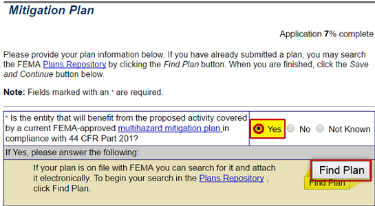 Select a Yes, No, or Not Known radio button to indicate if community is covered by a FMEA approved Multihazard mitigation plan. If answer is Yes, select the Find Plan button. See Appendix for alt text description.