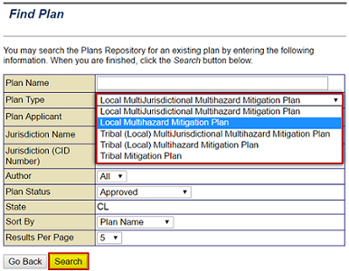 You can use several criteria to search the FEMA Plans Repository including Plan type. The drop down menu displays five options including: Local Multihazard Mitigation Plan (selected).