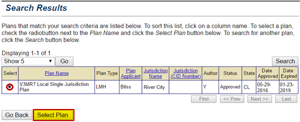 The Search Results page shows a plan that matched the criteria selected. It is the V3MR7 Local Single Jurisdiction Plan (selected), and the Select Plan button is highlighted and emphasized. See Appendix for alt text description.