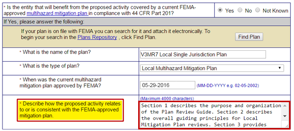 After selecting a plan from the Plans Repository, you must enter a description of how the proposed activity is consistent with the FEMA-approved mitigation plan. See Appendix for alt text description.