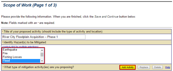 Select the Add Activity button on the Scope of Work section to list a proposed mitigation activity.