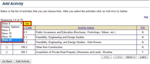 Select up to 20 mitigation activity names and codes to be  displayed using the Display Options drop-down menu on the Add Activity screen.