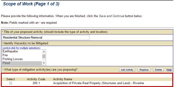 The Scope of Work lists activity title, hazard type, and activity code(s).