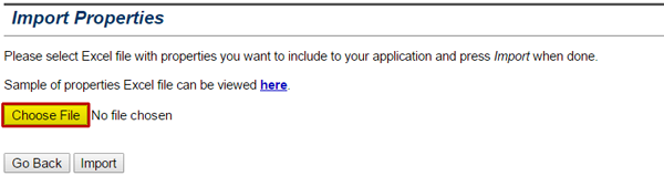Select the Choose File button on the Import Properties screen to open the File Navigator on your computer to locate the Excel file with information on the properties to be mitigated. See Appendix for alt text description.