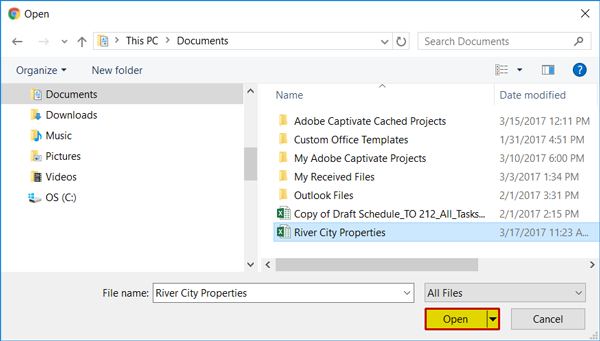 Select the Excel file with information on properties to be mitigated from the list of documents on  your computer and select the Open button. See Appendix for alt text description.