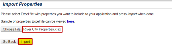 The title of the selected file appears to the right of the Choose File button. Select the Import button to upload the Excel file to the Properties section of your subgrant application. See Appendix for alt text description.