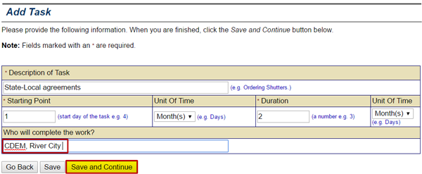 On the Add Task screen, type the name(s) of the people or companies that will accomplish the task listed in the Who will complete the work? text field. Example shows: CDEM, River City. See Appendix for alt text description.