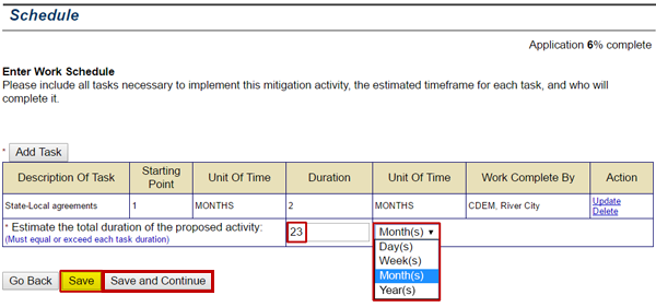 The Schedule screen asks to estimate the total duration of the proposed activity. Enter a number and use the Unit of Time drop down menu to set a limit. Example shows: 23 Month(s). See Appendix for alt text description.