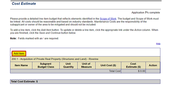 After selecting Cost Estimate from the Sidebar menu, select the Add Item button to add a line item to the project budget. See Appendix for alt text description.