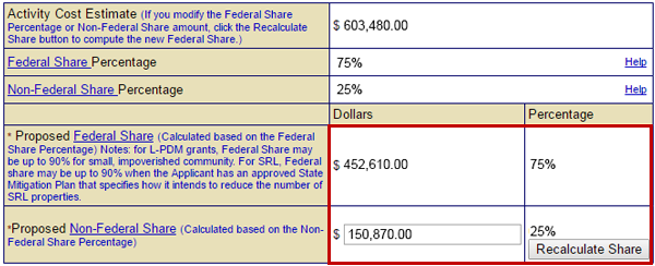 The percentage of non-federal funds in relation to the federal funds is adjusted and the funding totals are displayed after the Recalculate Share button is selected.