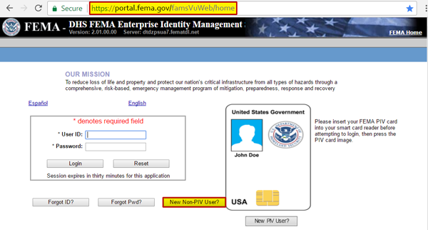 Screenshot of FEMA Enterprise Identity Management System  login page. You need to have a FEIMS account to access the eGrants system. See Appendix for alt text description.