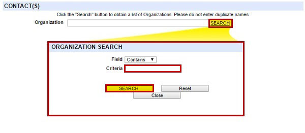 FEIMS registration page showing Contacts section. See appendix for full text..