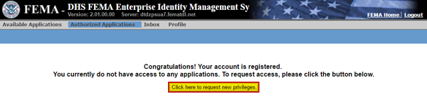 FEIMS screen reading "Congratulations! Your account is registered. You currently do not have access to any applications. To request access, please click the button below." See Appendix for alt text description.