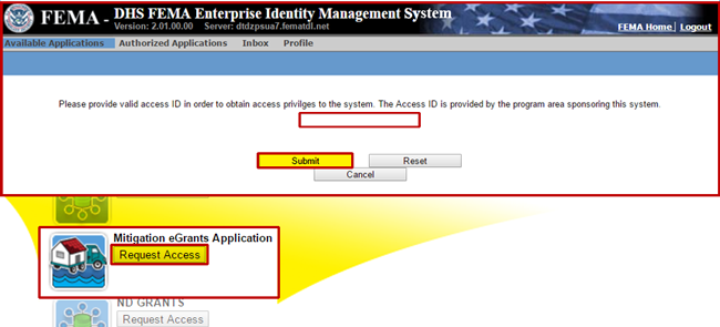 Screenshot of Mitigation eGrants Application icon and Request Access button and pop out of subsequent screen with Access ID text field. See Appendix for alt text description.