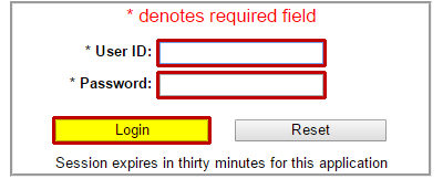 The following elements appear top to bottom in the FEMIS login panel: Guidance: * denotes required field. Fields: *User ID: (blank box), *Password: (blank box). Buttons: Login, Reset. Note: Session expires in thirty minutes for this application.