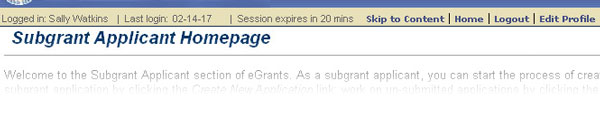 Screenshot of the Subgrant Applicant Homepage header.