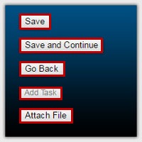 eGrants screens feature important navigation buttons: Save, Save and Continue, Go Back, Attach Files, inactive buttons like this Add Task example appear dim.