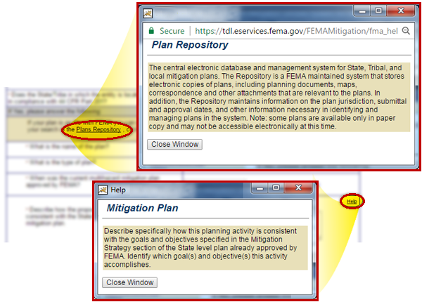 Hot links and Help links display pop up windows with more information. See Appendix for alt text description.