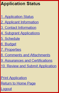 The Sidebar Menu allows Grant users to quickly access sections of the grant application and attached subgrant applications.