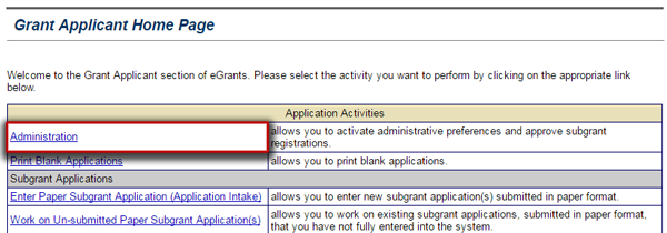 The Administration hyperlink is emphasized on the Grant Applicant Homepage.