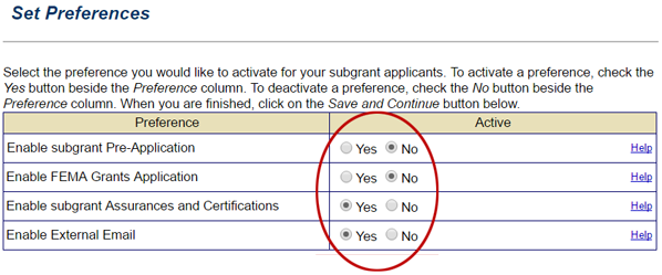 Grant Applicants can activate preferences for all Subgrant Applicants. See Appendix for full text.