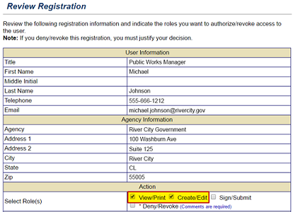 To approve a registration request, select the View/Print (checked, highlighted), Create/Edit, (checked,  highlighted) or Sign/Submit (unchecked) checkboxes on the Review Registration screen. See Appendix for alt text description.