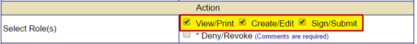 The Action section of Review Registration screen: Select Role(s): top row emphasized (checkbox selected)View/Print, (checkbox selected)Create/Edit,  (checkbox selected)Sign/Submit; row below: (checkbox)Deny/Revoke (Comments are required)