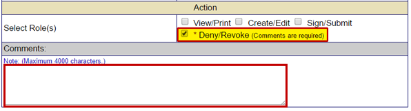 If it is necessary to deny a user registration request, check the box to the left of the Deny/Revoke option (checked and highlighted) on the Review Registration screen. See Appendix for alt text description.