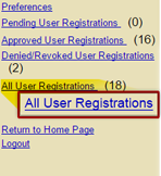 Selecting the All User Registrations link, allows Grant Applicants to search and update roles authorized to Registered Users.  See Appendix for alt text description.