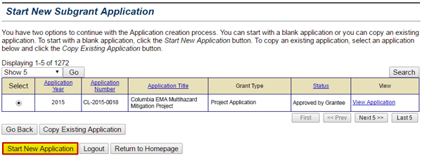 To start a new subgrant application, select the Start New Application button from the Start New Subgrant Application screen. See Appendix for alt text description.