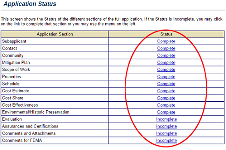 The Status column displays Complete or Incomplete links for each section of a subgrant application. Selecting a link will open that section of the application for data entry or updating. See Appendix for alt text description.