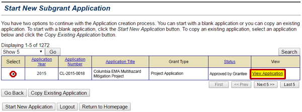 Select the View Application link on the Start new Subgrant Application screen to preview an existing subgrant application to choose which sections to copy to a new one. See Appendix for alt text description.