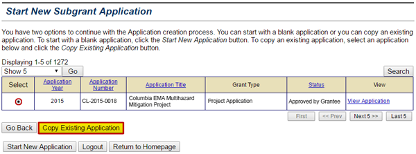 Select the Copy Existing Application on the Start New Subgrant Application screen to choose which sections to copy from an existing subgrant application to a new one. See Appendix for alt text description.