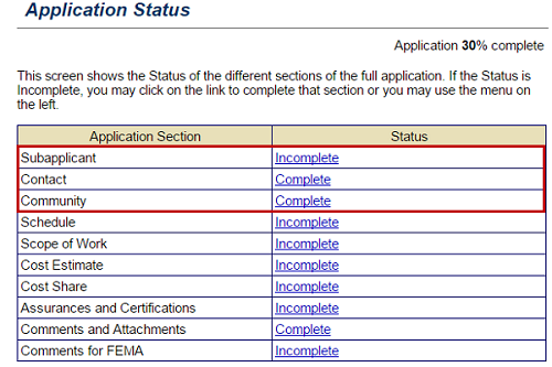 After copying sections from an existing application, the Application Status screen displays Complete for the Contact and Community sections. See Appendix for alt text description.