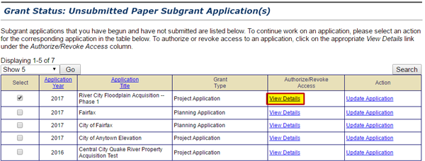 Screenshot of Grant Status: Unsubmitted Paper Subgrant Application(s) screen. The View Details link in the Authorize/Revoke Access column is highlighted and enlarged for emphasis. See Appendix for alt text description.