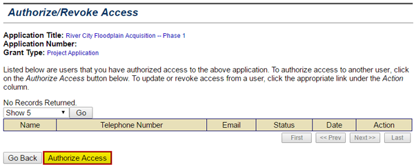 To search for a Registered User, select the Authorize Access button (highlighted) from the Authorize/Revoke Access screen. See Appendix for alt text description.