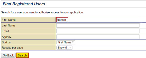 Screenshot Find Registered Users screen. The example shows Ramon entered in the First Name text field. The Search button is highlighted. See Appendix for alt text description.