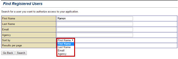 Find Registered Users screen. First Name: Ramon. Sort by dropdown menu extended and First Name is selected. See Appendix for alt text description.